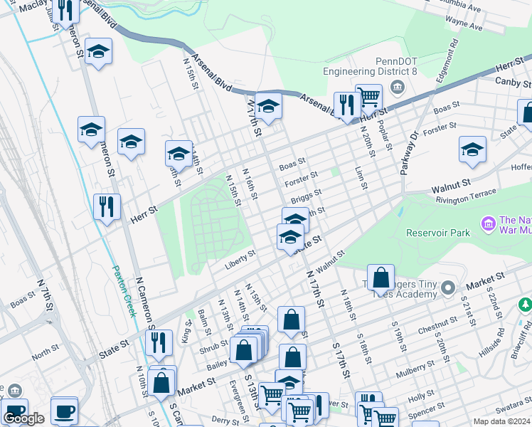 map of restaurants, bars, coffee shops, grocery stores, and more near 721 North 16th Street in Harrisburg