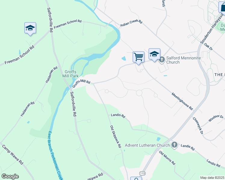 map of restaurants, bars, coffee shops, grocery stores, and more near 579 Hawthorne Lane in Harleysville
