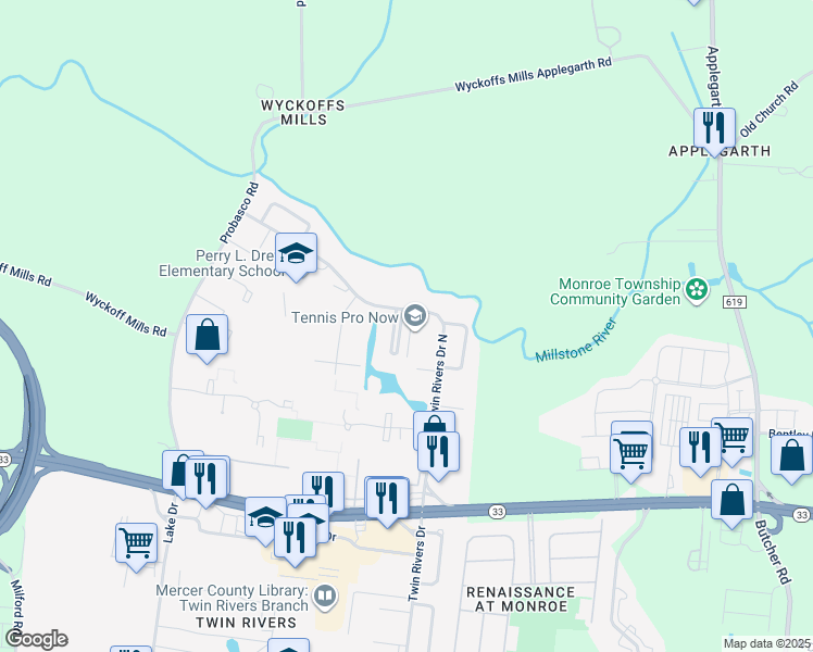 map of restaurants, bars, coffee shops, grocery stores, and more near 579 Greenwich Court in East Windsor