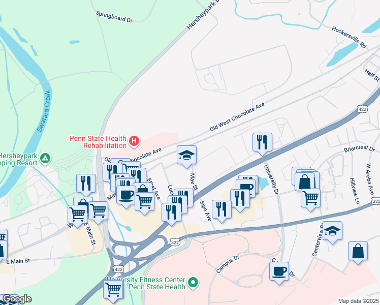 map of restaurants, bars, coffee shops, grocery stores, and more near 905 Mae Street in Hummelstown