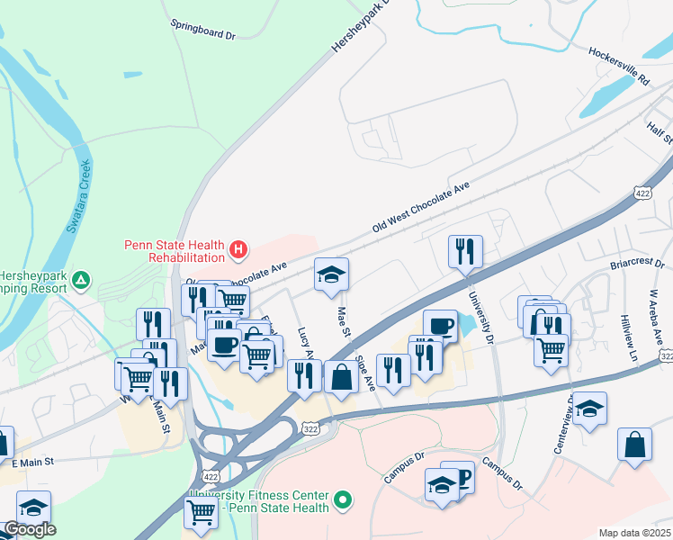 map of restaurants, bars, coffee shops, grocery stores, and more near 905 Mae Street in Hummelstown