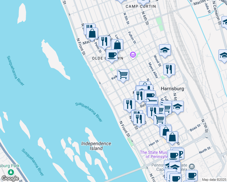 map of restaurants, bars, coffee shops, grocery stores, and more near 1700 North 2nd Street in Harrisburg