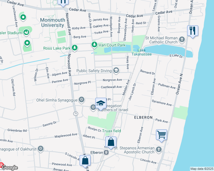 map of restaurants, bars, coffee shops, grocery stores, and more near 264 Norgrove Avenue in Long Branch