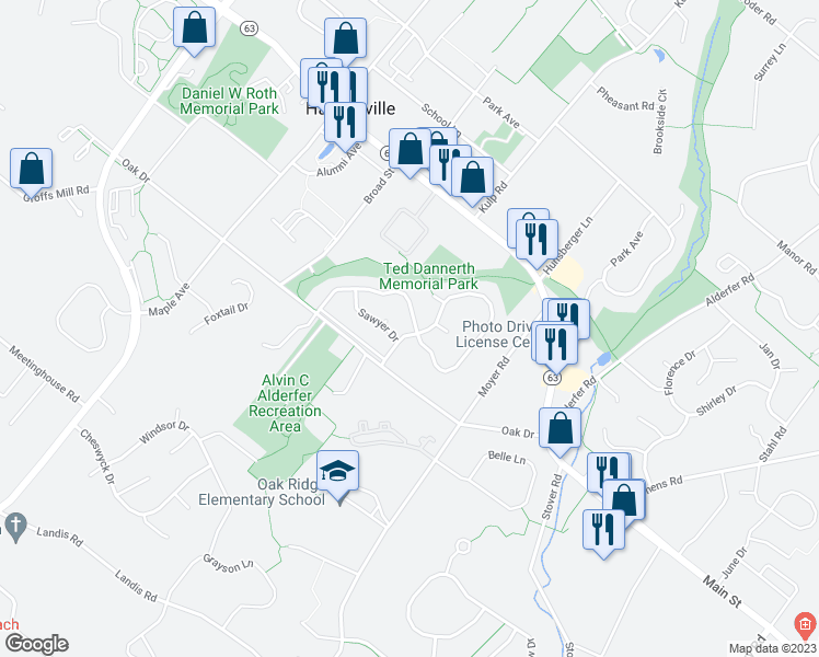 map of restaurants, bars, coffee shops, grocery stores, and more near 318 Huckleberry Lane in Harleysville