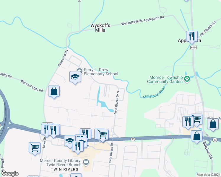 map of restaurants, bars, coffee shops, grocery stores, and more near 252 Twin Rivers Drive North in East Windsor