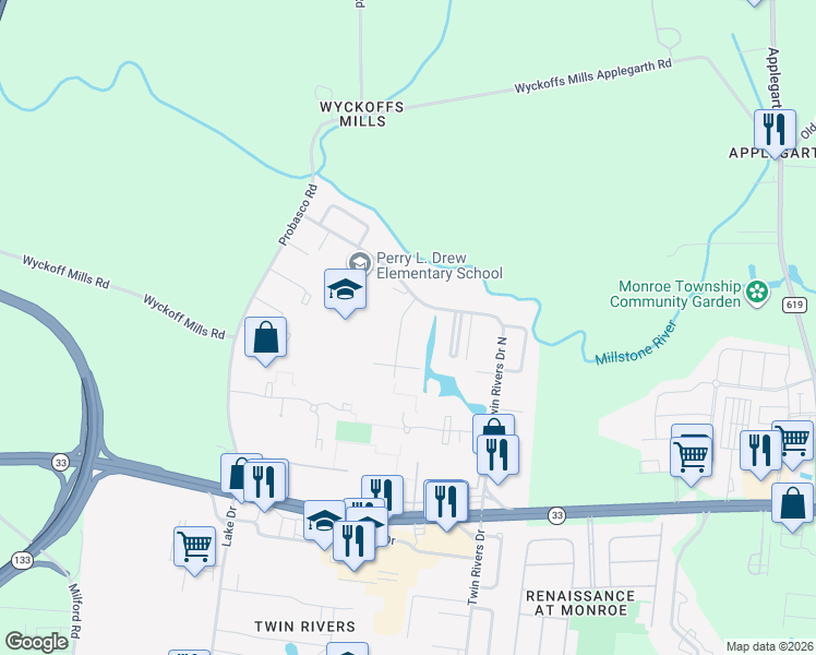 map of restaurants, bars, coffee shops, grocery stores, and more near 455 Fairfield Road in East Windsor