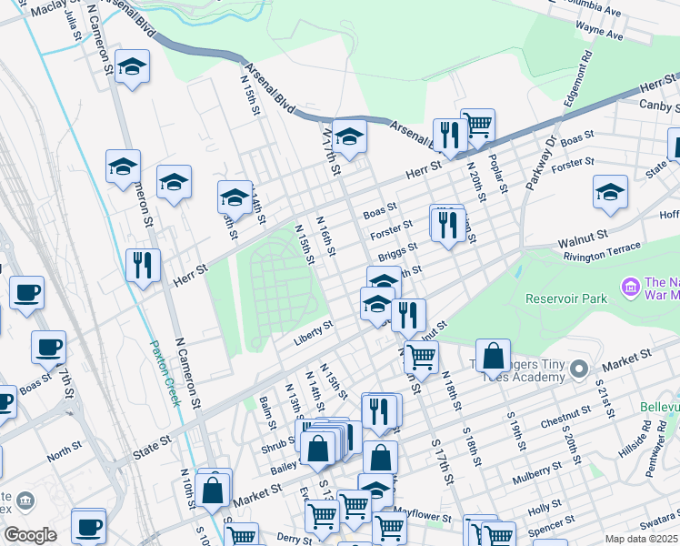 map of restaurants, bars, coffee shops, grocery stores, and more near 1601 Briggs Street in Harrisburg