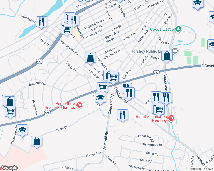 map of restaurants, bars, coffee shops, grocery stores, and more near 530 Hockersville Road in Hershey