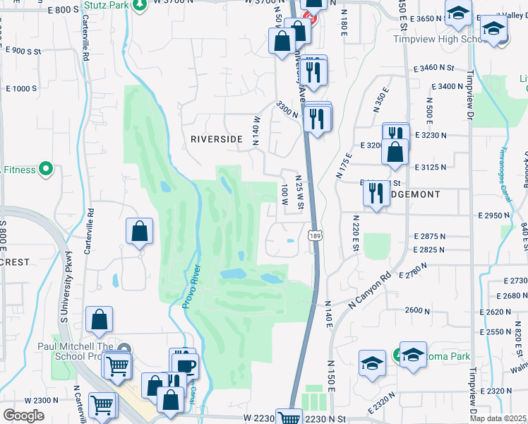 map of restaurants, bars, coffee shops, grocery stores, and more near 2939 North Marrcrest West Drive in Provo