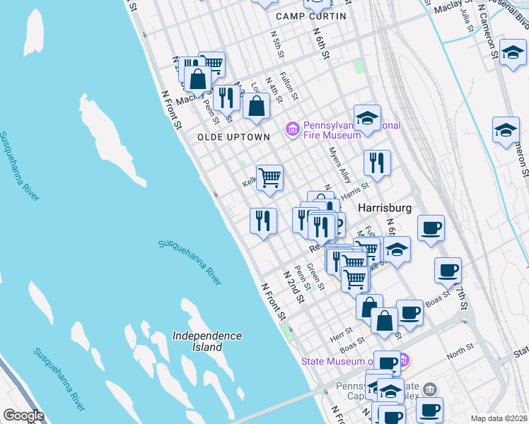 map of restaurants, bars, coffee shops, grocery stores, and more near 1704 Penn Street in Harrisburg