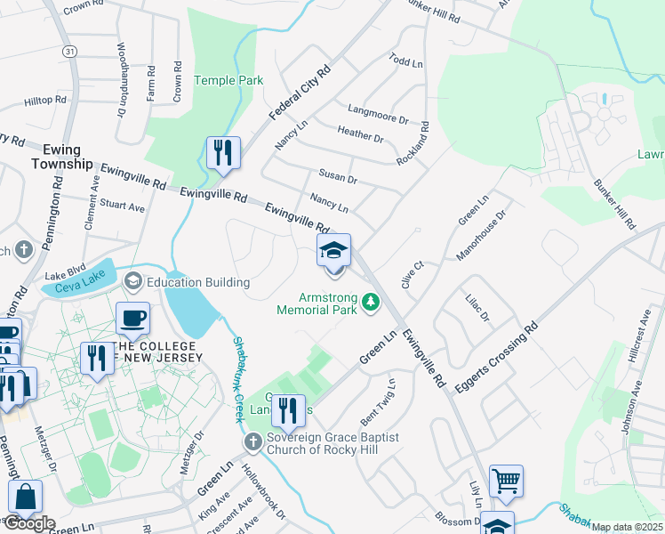 map of restaurants, bars, coffee shops, grocery stores, and more near 339 Ewingville Road in Ewing Township