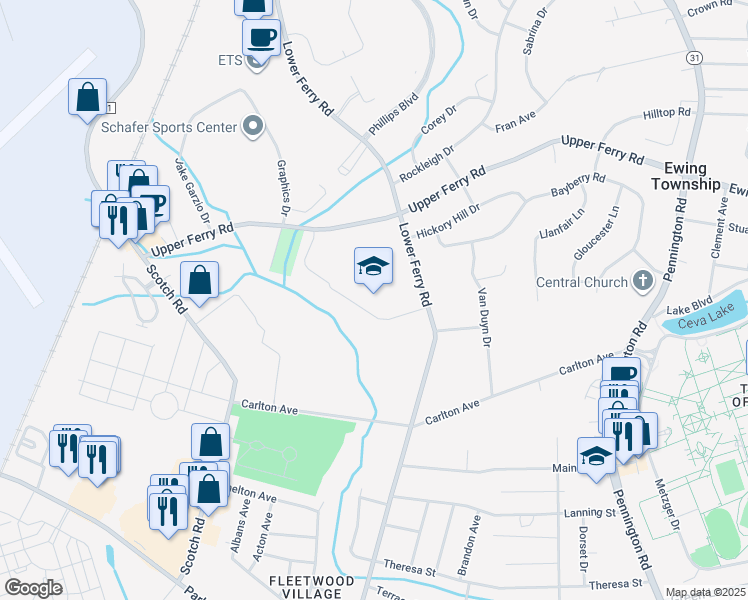 map of restaurants, bars, coffee shops, grocery stores, and more near 1331 Lower Ferry Road in Ewing Township