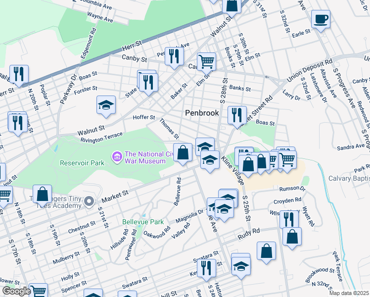 map of restaurants, bars, coffee shops, grocery stores, and more near 2420 Parkway Boulevard in Harrisburg