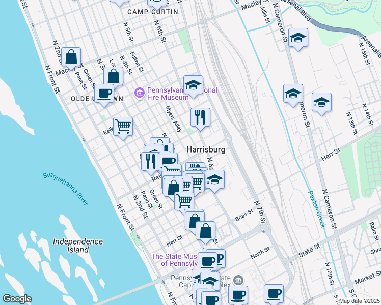 map of restaurants, bars, coffee shops, grocery stores, and more near 1533 Fulton Street in Harrisburg