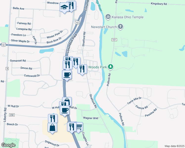 map of restaurants, bars, coffee shops, grocery stores, and more near 1409 Wabash Avenue in Delaware