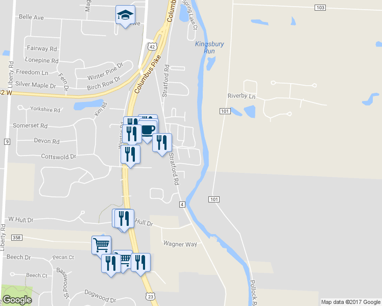 map of restaurants, bars, coffee shops, grocery stores, and more near 1409 Wabash Avenue in Delaware
