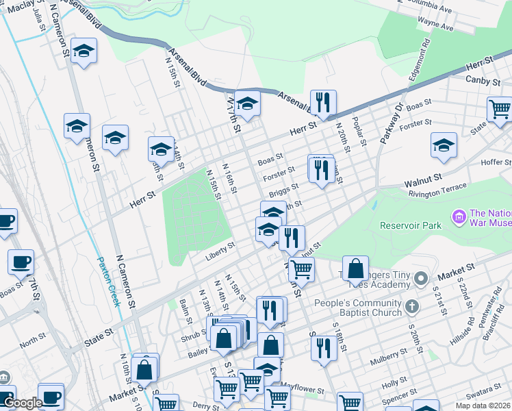 map of restaurants, bars, coffee shops, grocery stores, and more near 801 North 17th Street in Harrisburg