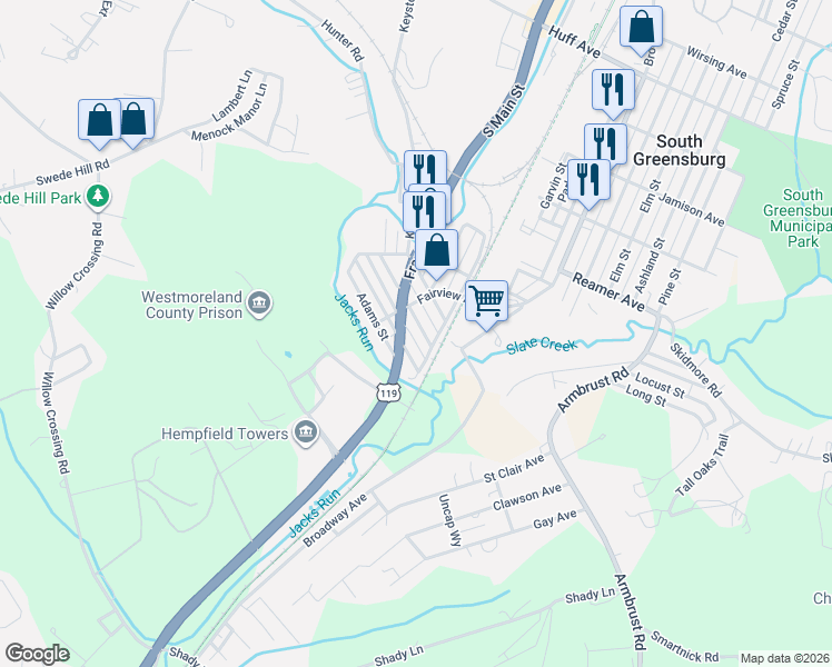 map of restaurants, bars, coffee shops, grocery stores, and more near 1900 Pennsylvania 66 Business in Greensburg
