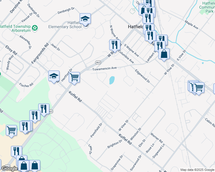 map of restaurants, bars, coffee shops, grocery stores, and more near 259 Larkspur Lane in Hatfield