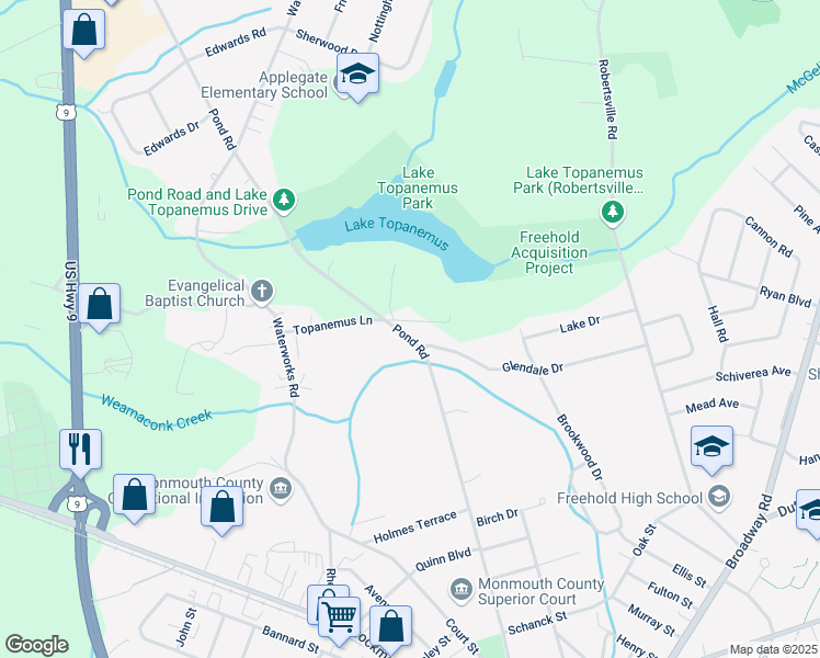 map of restaurants, bars, coffee shops, grocery stores, and more near 165 Pond Road in Freehold