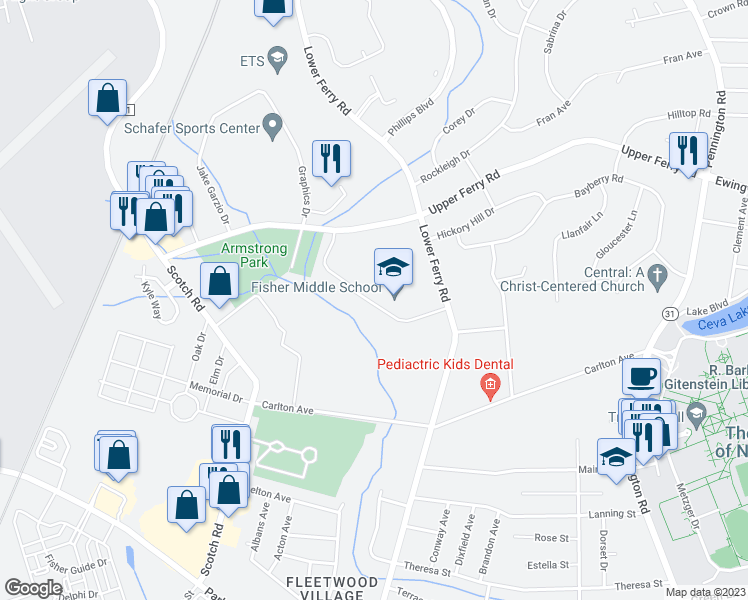map of restaurants, bars, coffee shops, grocery stores, and more near 1331 Lower Ferry Road in Ewing Township