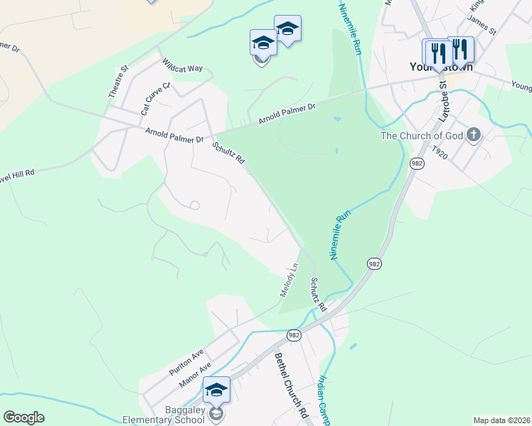 map of restaurants, bars, coffee shops, grocery stores, and more near 1064 Schultz Road in Latrobe