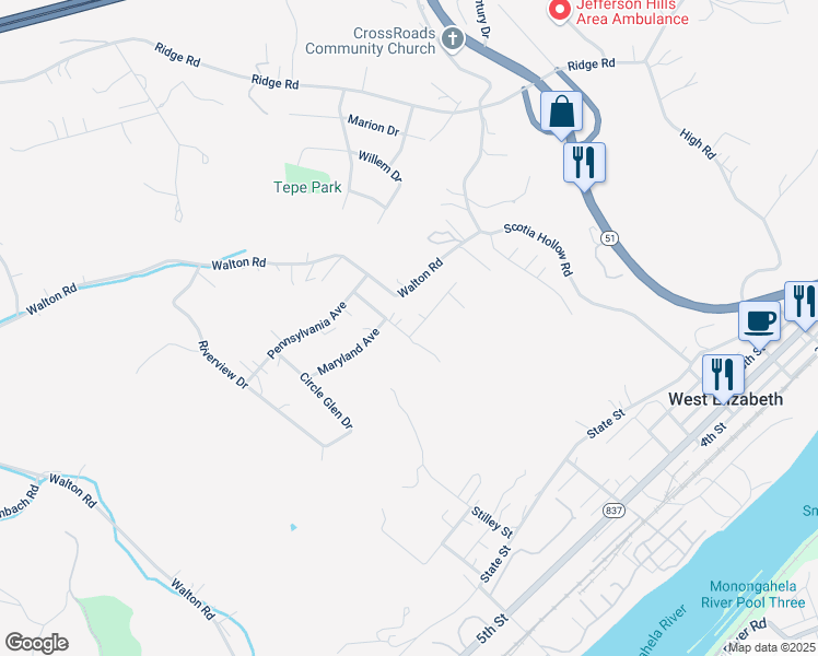 map of restaurants, bars, coffee shops, grocery stores, and more near 3009 Ohio Avenue in Finleyville