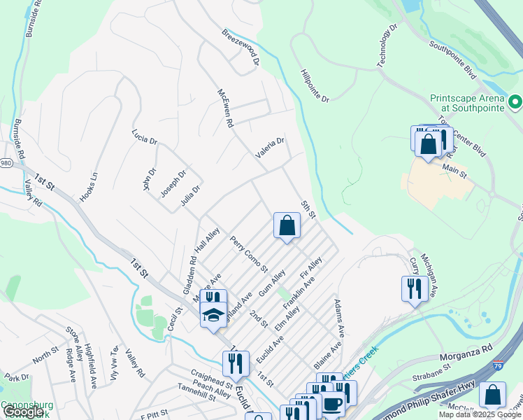 map of restaurants, bars, coffee shops, grocery stores, and more near 631 Weaver Avenue in Canonsburg