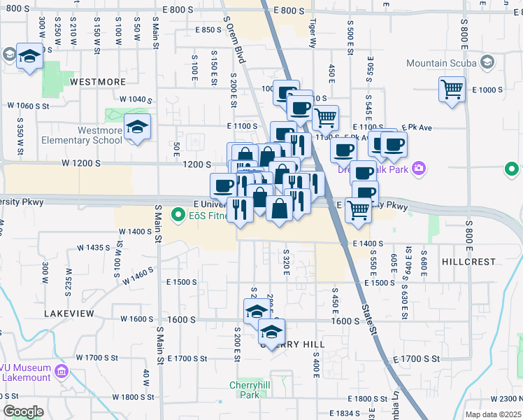 map of restaurants, bars, coffee shops, grocery stores, and more near 272 East University Parkway in Orem