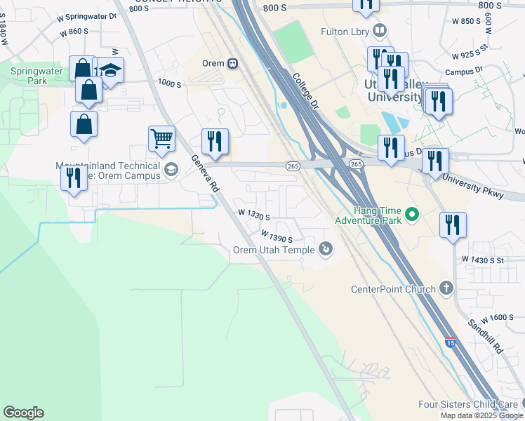 map of restaurants, bars, coffee shops, grocery stores, and more near 1320 South 1180 West Street in Orem