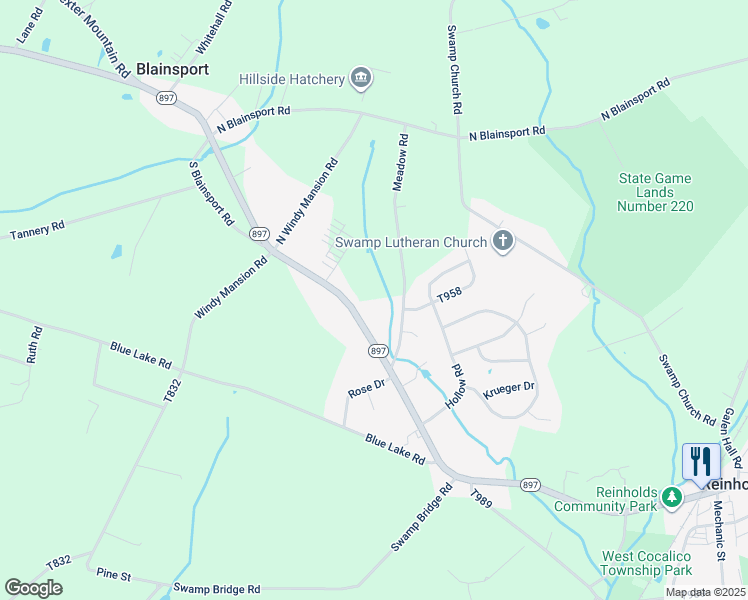 map of restaurants, bars, coffee shops, grocery stores, and more near 480 Pennsylvania 897 in Reinholds