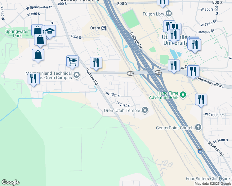 map of restaurants, bars, coffee shops, grocery stores, and more near 1163 West 1295 South Street in Orem