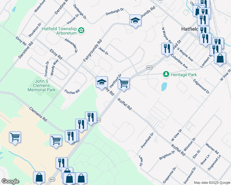map of restaurants, bars, coffee shops, grocery stores, and more near 2401 Elroy Road in Hatfield