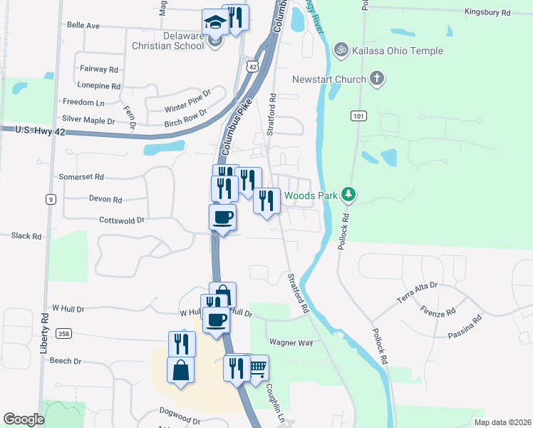 map of restaurants, bars, coffee shops, grocery stores, and more near 1362 Stratford Road in Delaware