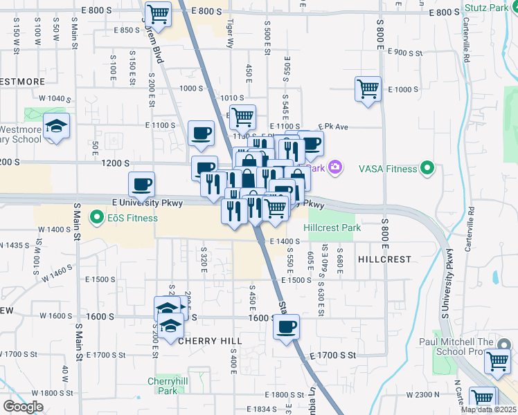 map of restaurants, bars, coffee shops, grocery stores, and more near 474 Utah 265 in Orem