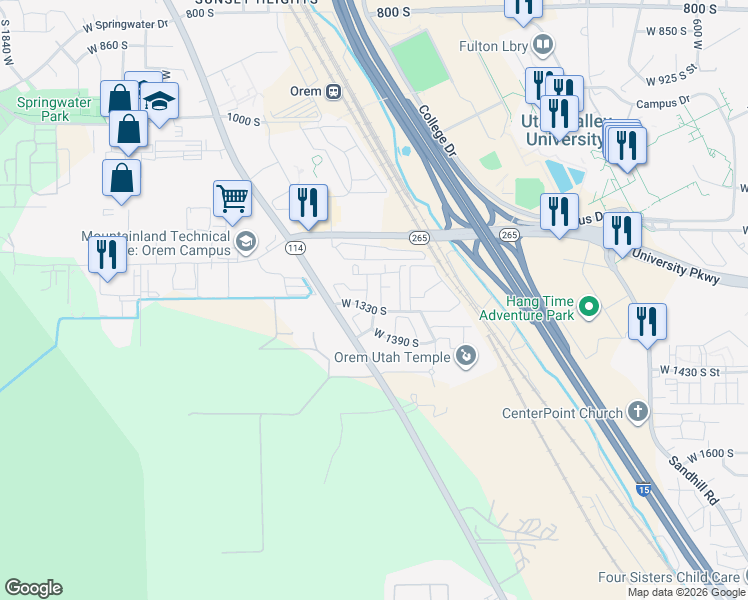 map of restaurants, bars, coffee shops, grocery stores, and more near 1163 West 1295 South Street in Orem