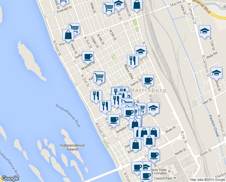 map of restaurants, bars, coffee shops, grocery stores, and more near 1619 North 3rd Street in Harrisburg