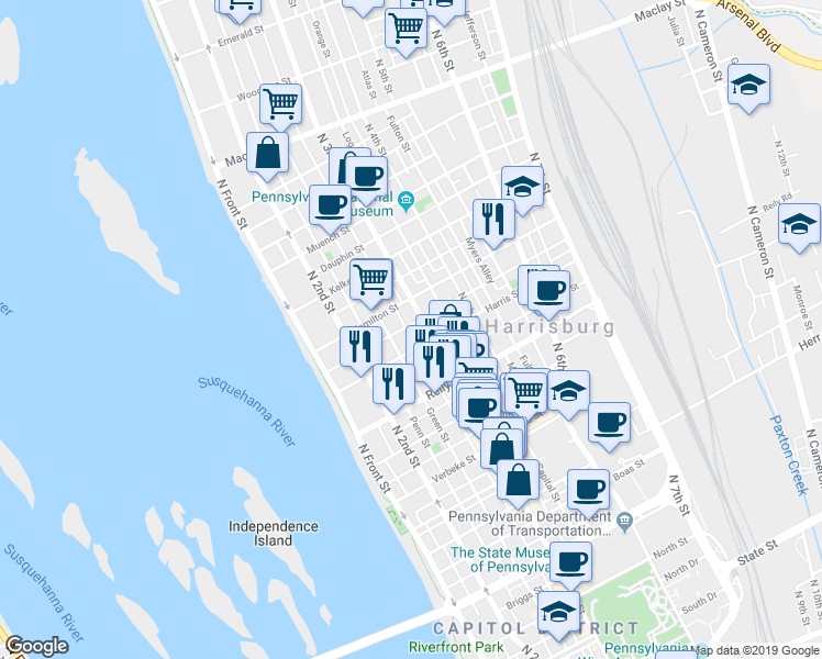 map of restaurants, bars, coffee shops, grocery stores, and more near 1619 North 3rd Street in Harrisburg