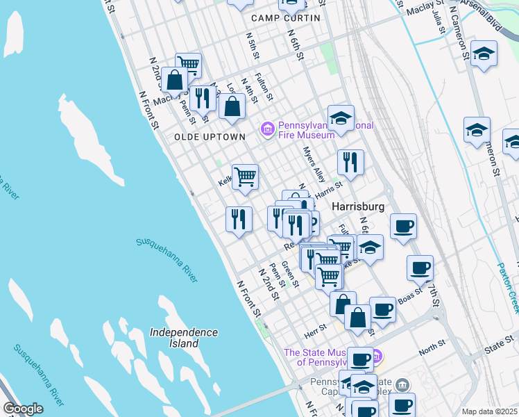 map of restaurants, bars, coffee shops, grocery stores, and more near in Harrisburg