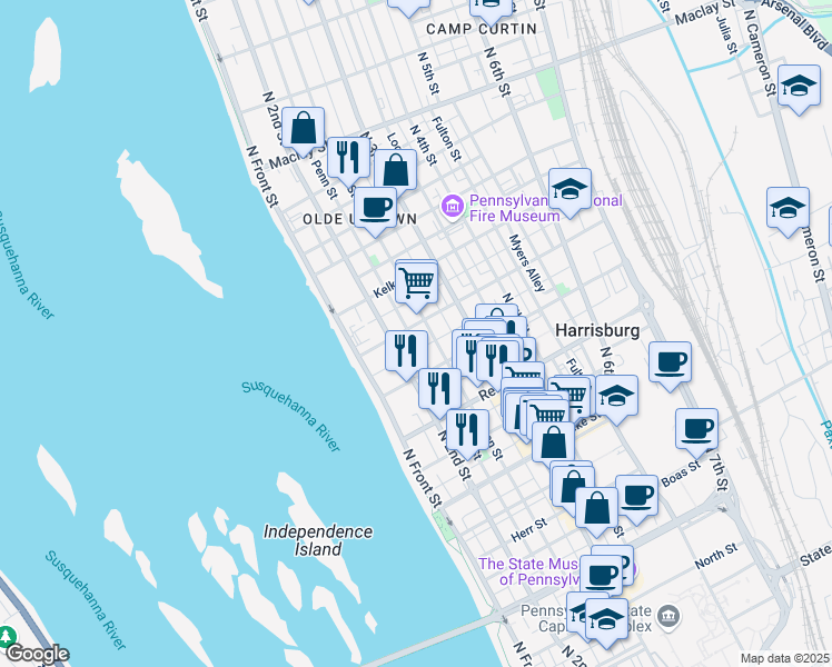 map of restaurants, bars, coffee shops, grocery stores, and more near in Harrisburg