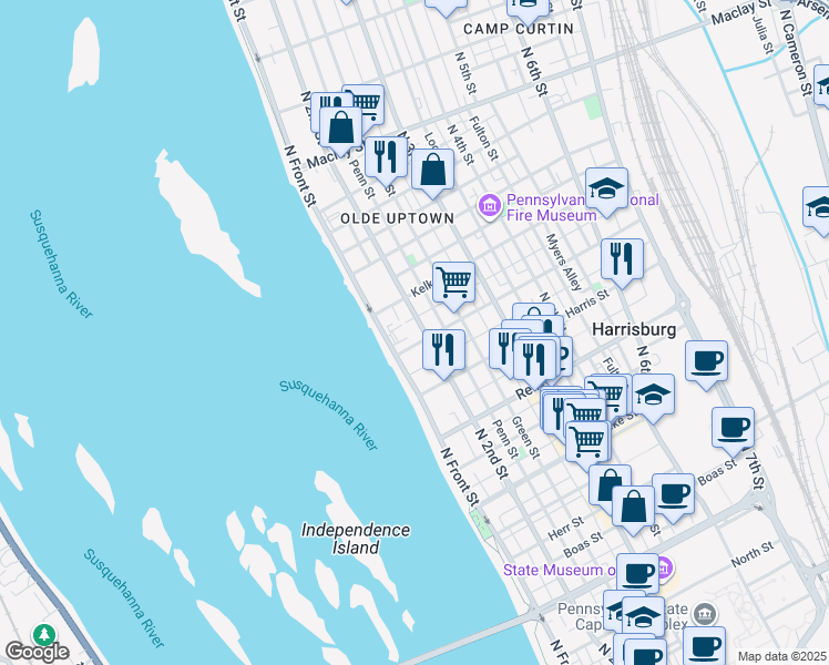 map of restaurants, bars, coffee shops, grocery stores, and more near 1704 Penn Street in Harrisburg