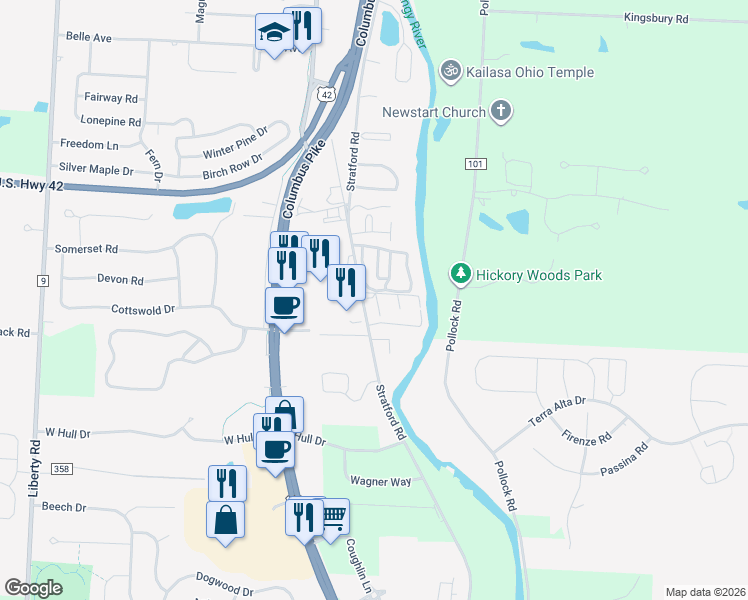 map of restaurants, bars, coffee shops, grocery stores, and more near 1300-1348 Stratford Road in Delaware