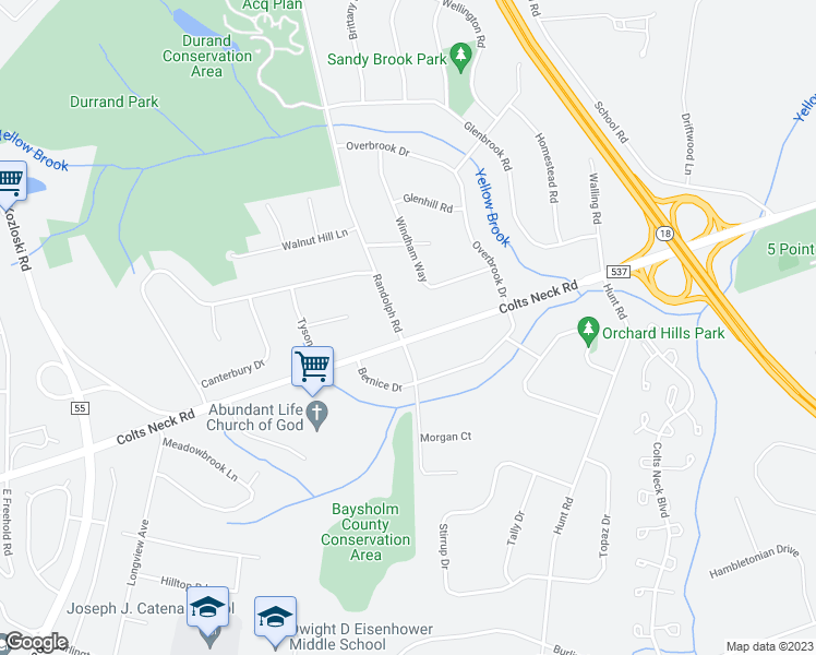 map of restaurants, bars, coffee shops, grocery stores, and more near 2 Randolph Road in Freehold