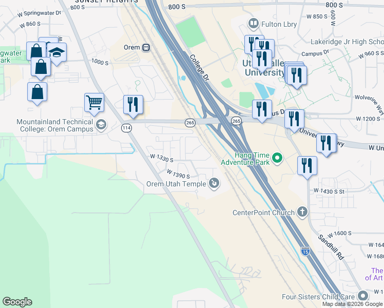 map of restaurants, bars, coffee shops, grocery stores, and more near 1094 West 1290 South in Orem