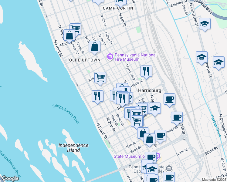 map of restaurants, bars, coffee shops, grocery stores, and more near 1619 North 3rd Street in Harrisburg