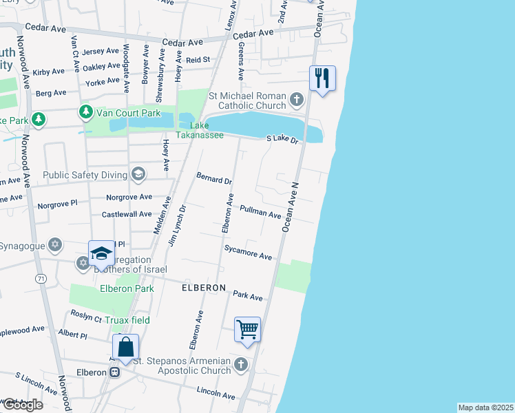 map of restaurants, bars, coffee shops, grocery stores, and more near 55 Pullman Avenue in Long Branch