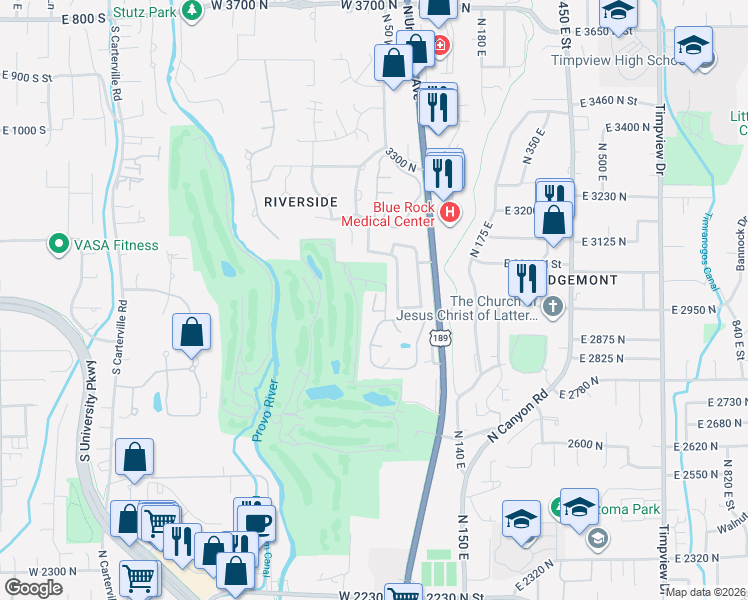 map of restaurants, bars, coffee shops, grocery stores, and more near 2999 North Marrcrest West Drive in Provo