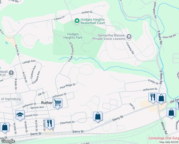 map of restaurants, bars, coffee shops, grocery stores, and more near 7021 Beech Tree Drive in Harrisburg