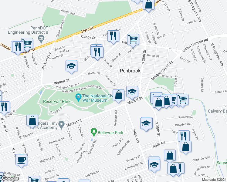 map of restaurants, bars, coffee shops, grocery stores, and more near 2417 Parkway Boulevard in Harrisburg