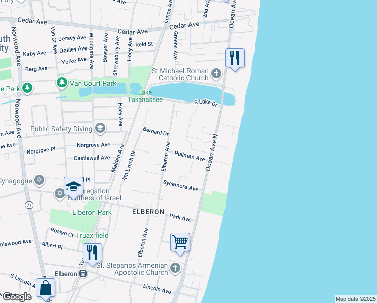 map of restaurants, bars, coffee shops, grocery stores, and more near 55 Pullman Avenue in Long Branch